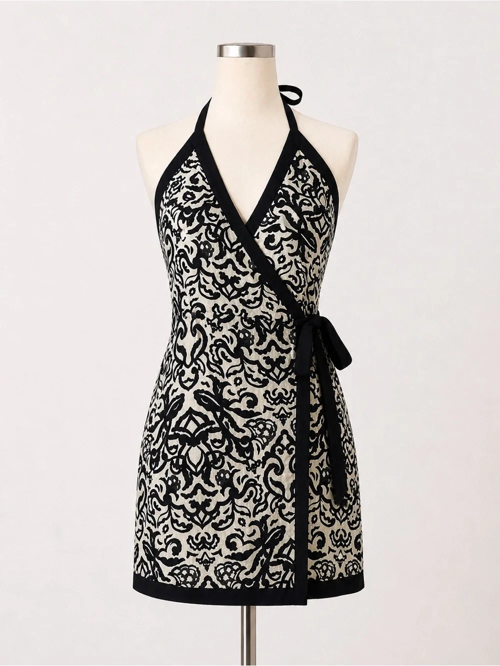 French Connection | Dresses | French Connection Linen Blend Wrap Halter  Mini Dress Black Tan Size 2 Nwt | Poshmark